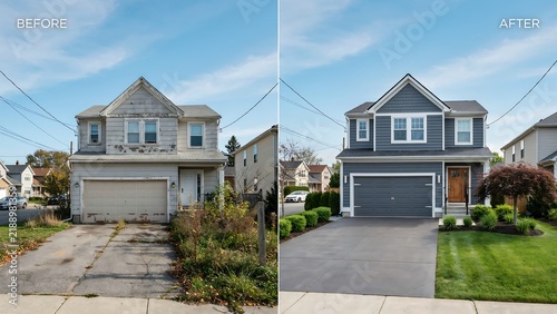 Before and after renovation of a modern suburban house exterior