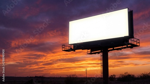 A blank billboard stands tall against a vibrant sunset sky with dramatic clouds. The empty space on the billboard invites creative advertising and marketing messages.