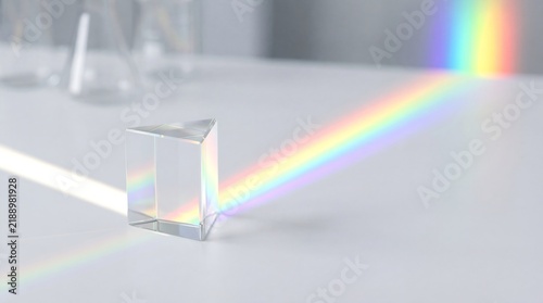 A glass prism refracts a beam of white light into a spectrum of rainbow colors on a white surface, with laboratory glassware in the background