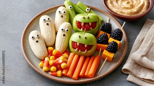 Fun and healthy halloween kids snack plate with fruit monsters and ghosts