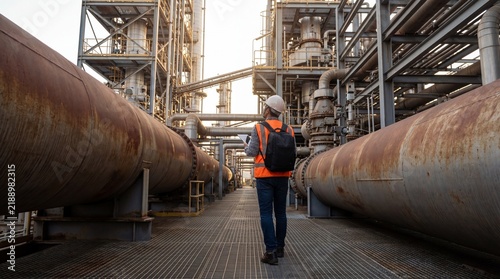 A worker in a hard hat and safety vest walks down a pathway between large industrial pipes at an oil refinery or chemical plant