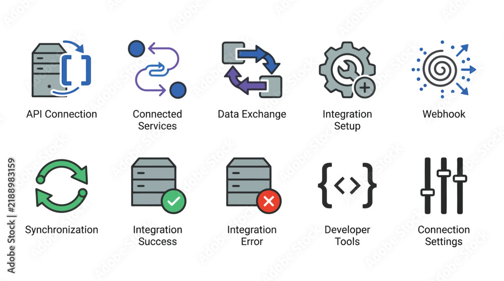 Fototapeta premium API Connection and Data Exchange Icons, Webhook, Synchronization, Server Integration Vector Set. IT Terminology for Developers. Software Development and System Config Symbols.