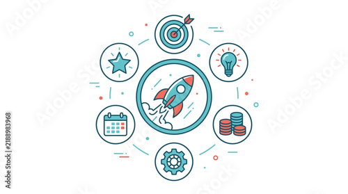 Startup launch business concept surrounded by icons illustrating entrepreneurial success.
