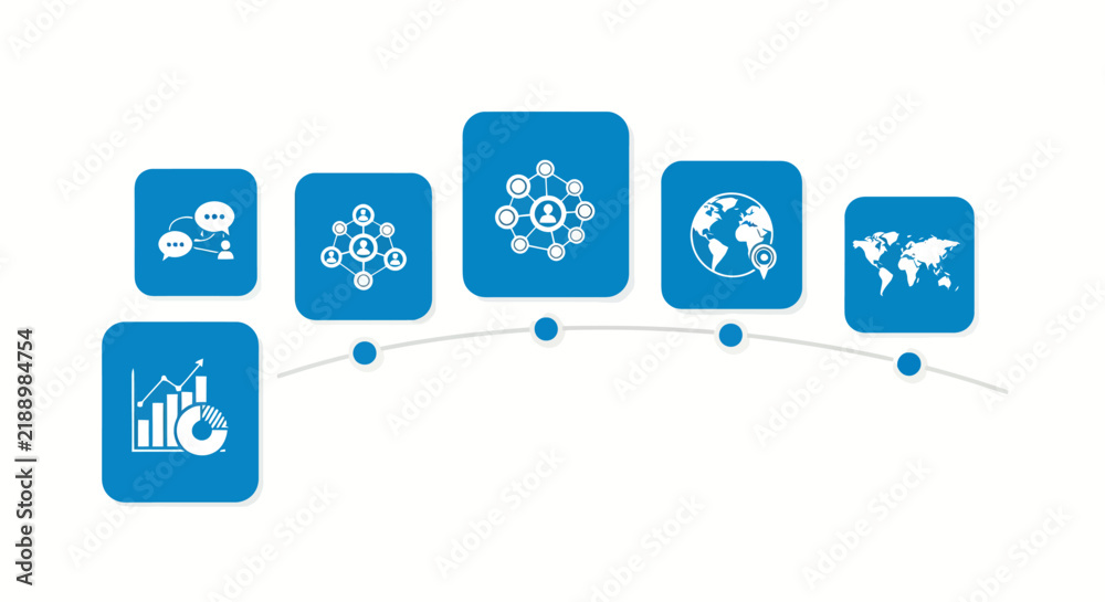 Obraz premium Set of blue rounded icons illustrating technology concepts and global connectivity in an infographic style.