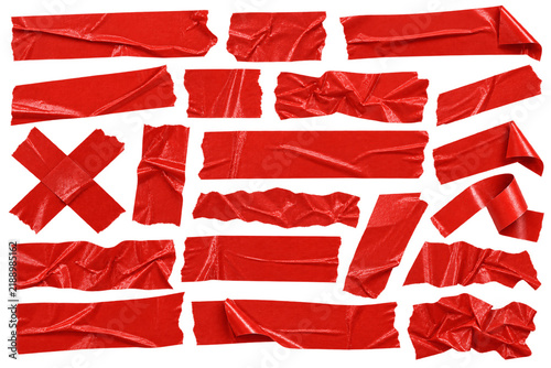 Realistic red duct tape strips collection isolated on white background, wrinkled and torn sticky adhesive pieces for scrapbook accents and graphic design projects
