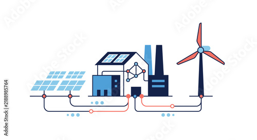 Renewable energy system diagram featuring solar panels and wind turbine connected to an industrial building.