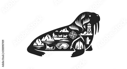 Walrus silhouette filled with arctic adventure icons is isolated on a clean white background.