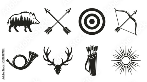 Hunting icons set featuring wild boar, bow, target, and deer antlers.