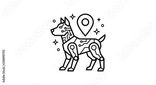 Robotic dog icon featuring circuit lines and GPS location pin symbol.