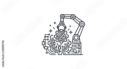 Robotic arm icon holding gear wheel in industrial automation process.