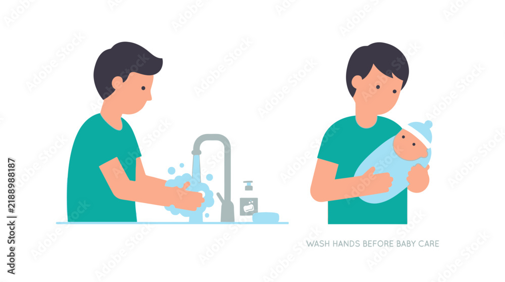 Fototapeta premium Illustration showing a man washing hands before handling a newborn baby