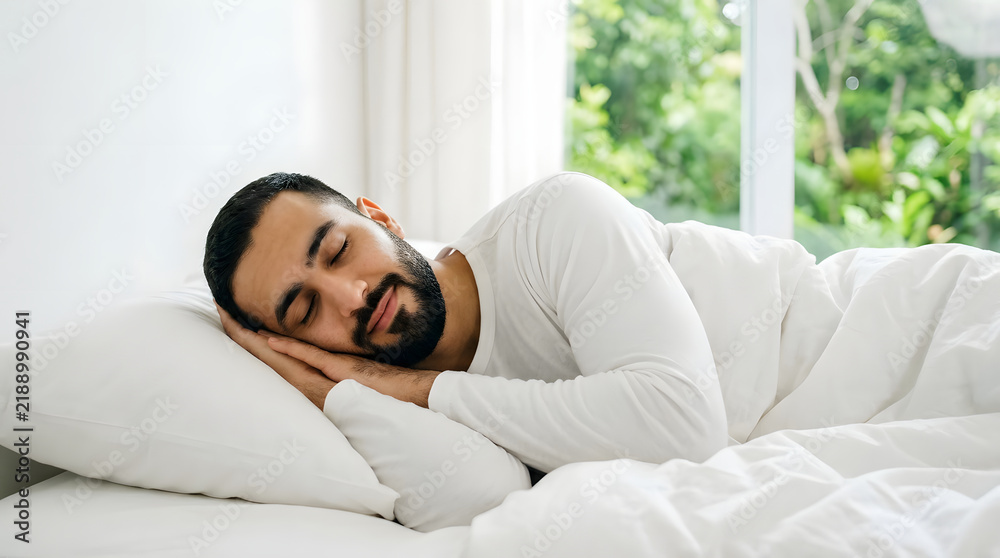 Obraz premium A man with a beard sleeping peacefully on a white pillow in a bed with white sheets. Sunlight streams in from a nearby window, illuminating the tranquil scene