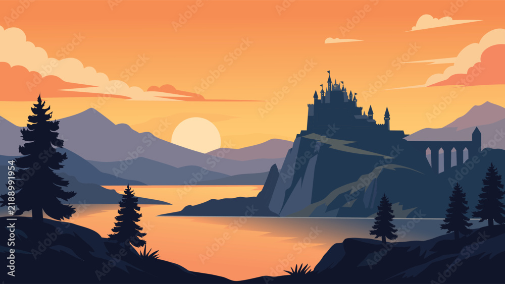 Obraz premium Beautiful Orange Sunset Lake Landscape With Castle And Pine Forest Silhouette Flat Vector Background
