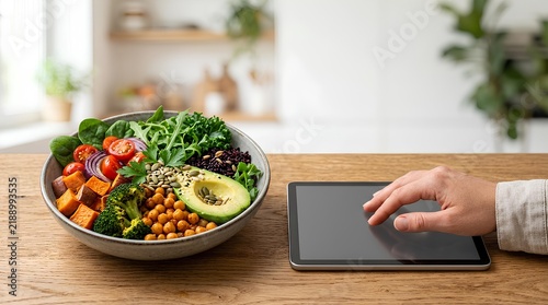 Healthy vegan Buddha bowl with avocado, chickpeas, sweet potato, and broccoli served on a wooden table next to a person's hand using a blank tablet in a bright, modern kitchen.