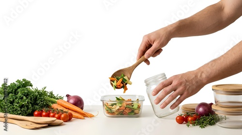Male hands using a wooden spoon to fill a glass meal prep container with fresh chopped vegetables including carrots and greens on a white table surrounded by organic produce.