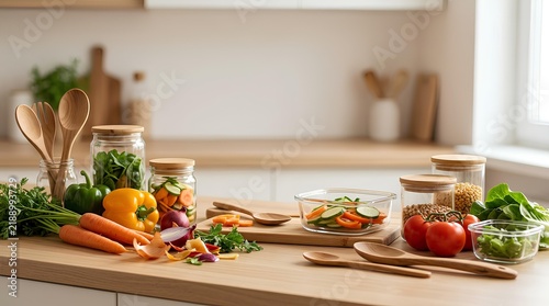 Panoramic view of a kitchen counter with organic vegetables, glass storage jars, and wooden utensils for healthy meal prep in a bright, modern interior setting.