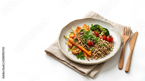 Roasted vegetable bowl with glazed carrots, sweet potato, broccoli, cherry tomatoes, cooked grains, and fresh herbs on a ceramic plate with wooden cutlery over white background.