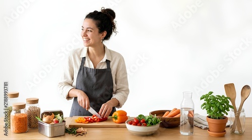 Smiling woman in gray apron slicing red bell pepper on wooden board in bright kitchen with fresh vegetables, legumes, and herbs against a plain white background.