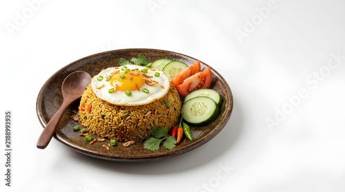 Traditional Indonesian Nasi Goreng topped with a sunny side up fried egg, served with cucumber, tomato, and chili on a ceramic plate with a wooden spoon, isolated on white background.