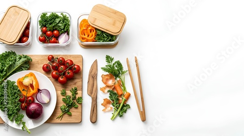 Top-down view of fresh vegetables like kale, cherry tomatoes, and peppers with glass meal prep containers, wooden kitchen tools, and a cutting board on a white background with copy space.