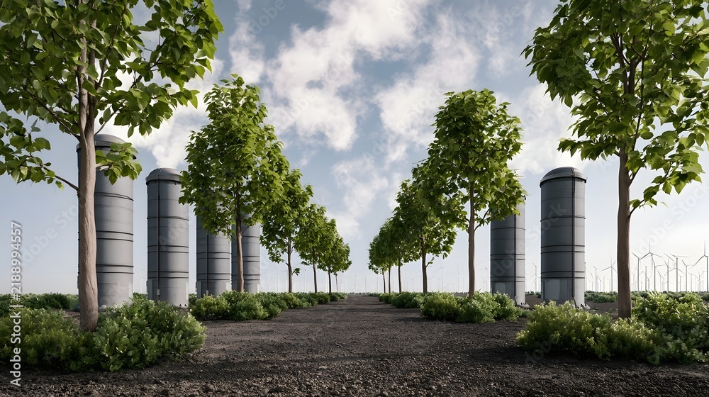 Fototapeta premium Rows of tall cylindrical tanks stand amidst green trees and shrubs under a partly cloudy sky with wind turbines visible in the distance