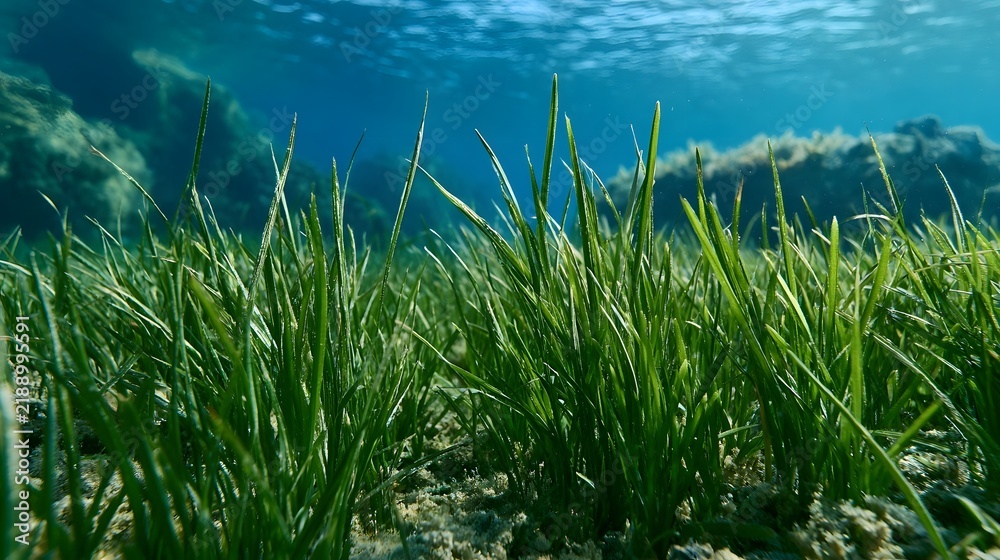 Obraz premium Underwater view of vibrant green seagrass swaying gently in clear blue water with sandy bottom and rocky background
