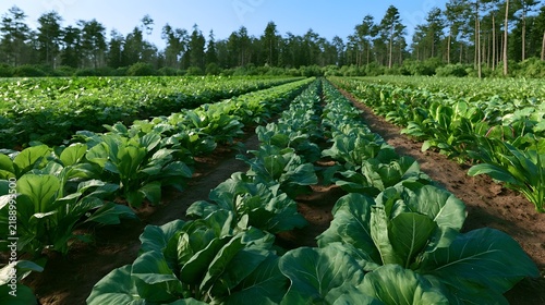 Rows of vibrant green leafy vegetables grow in neat lines across a fertile field bordered by tall trees under a clear blue sky