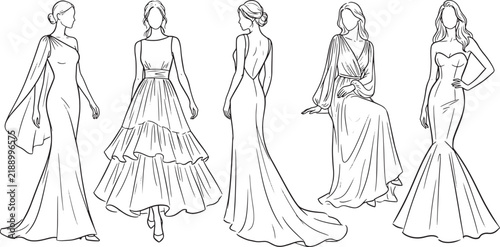 Collection of elegant wedding dress sketches featuring diverse gown silhouettes in a clean line art style