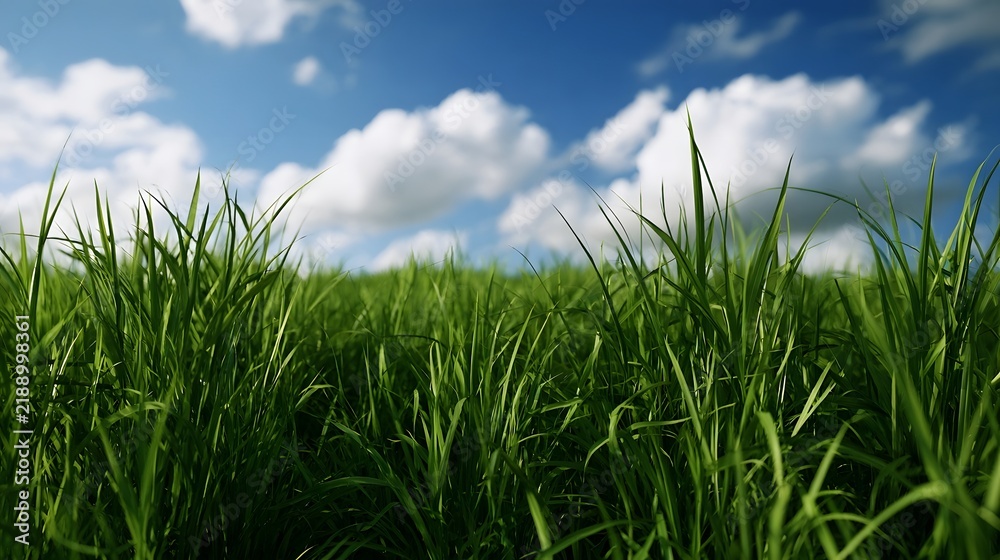 Fototapeta premium Lush green grass blades rise under a bright blue sky with fluffy white clouds evoking a sense of calm and natural beauty