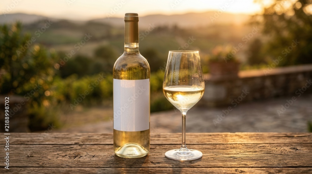 Obraz premium An elegant white wine bottle with an empty label next to a stemmed glass on a rustic wooden surface.