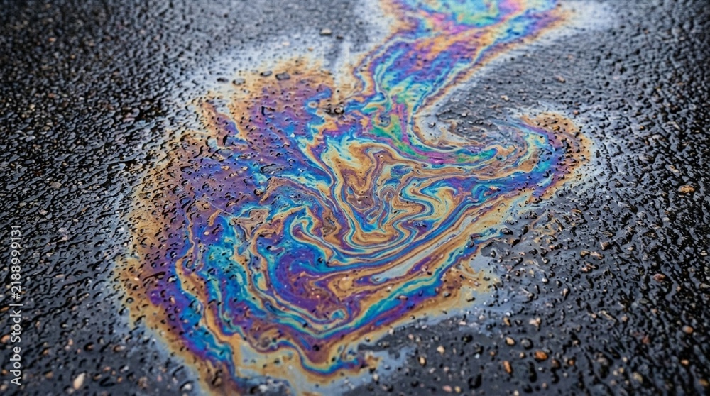 Obraz premium Colorful oil slick on asphalt, abstract patterns, environmental pollution