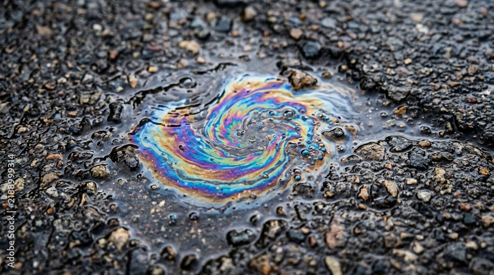 Obraz premium Colorful oil slick swirl on wet asphalt pavement surface