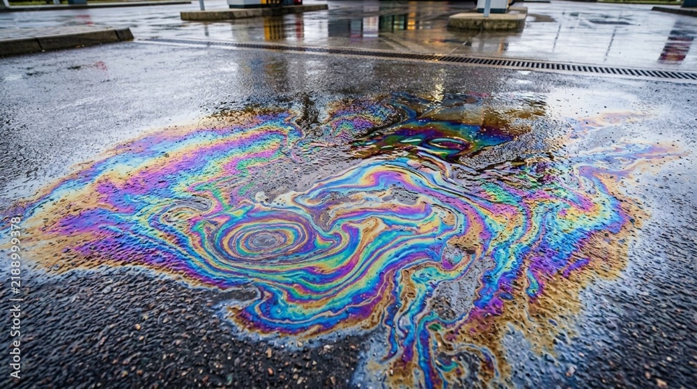 Obraz premium Colorful Oil Spill on Wet Asphalt Reflecting Rainbow Hues