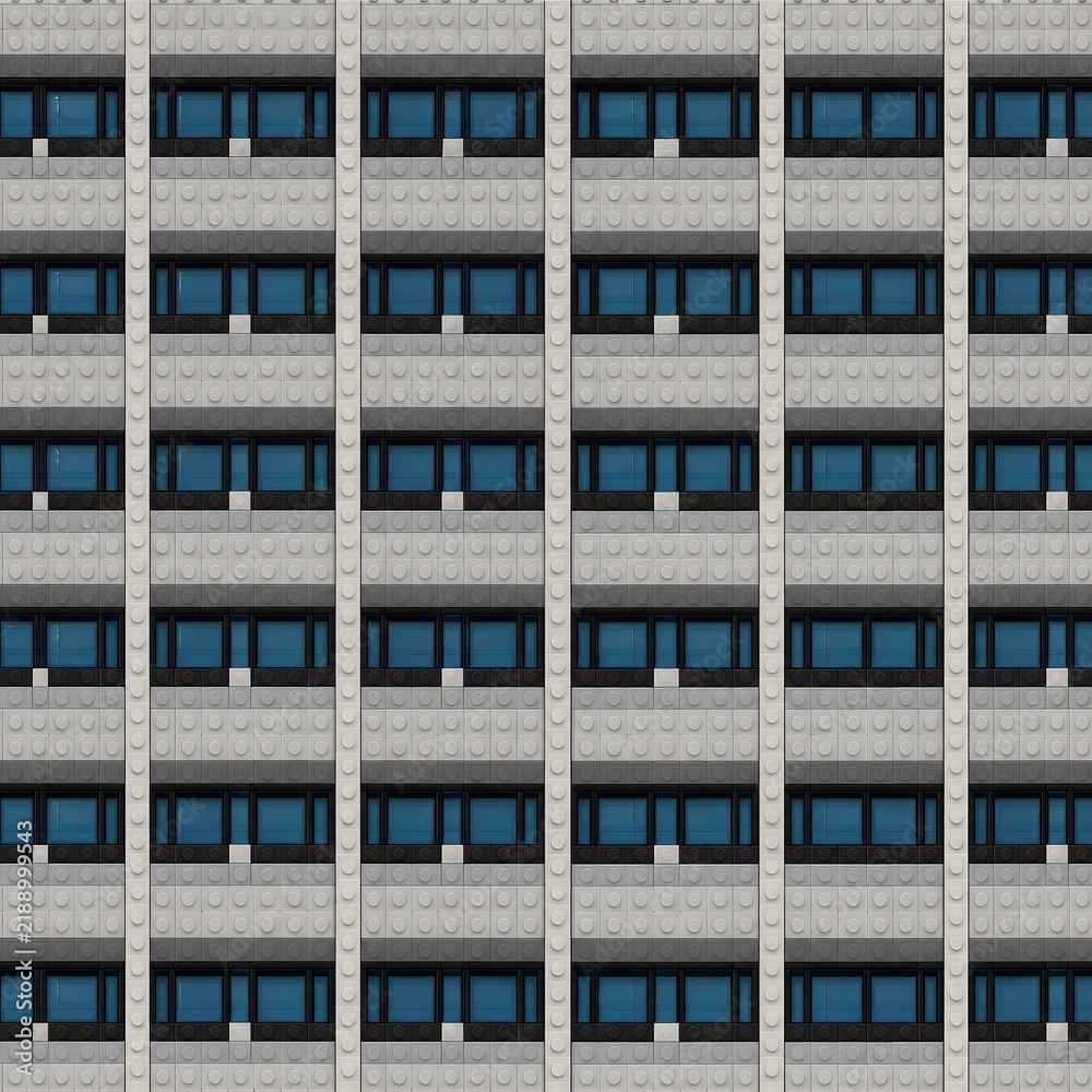 Fototapeta premium Modern building facade made of plastic toy bricks pattern, architectural design background.