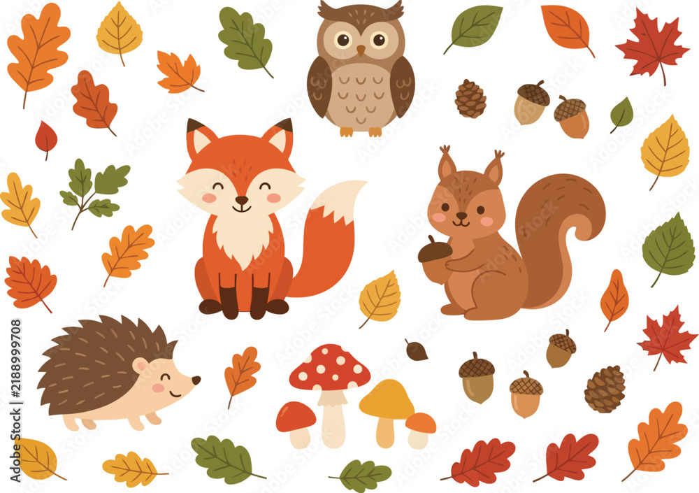 Obraz premium Cute woodland animals and autumn forest elements collection.