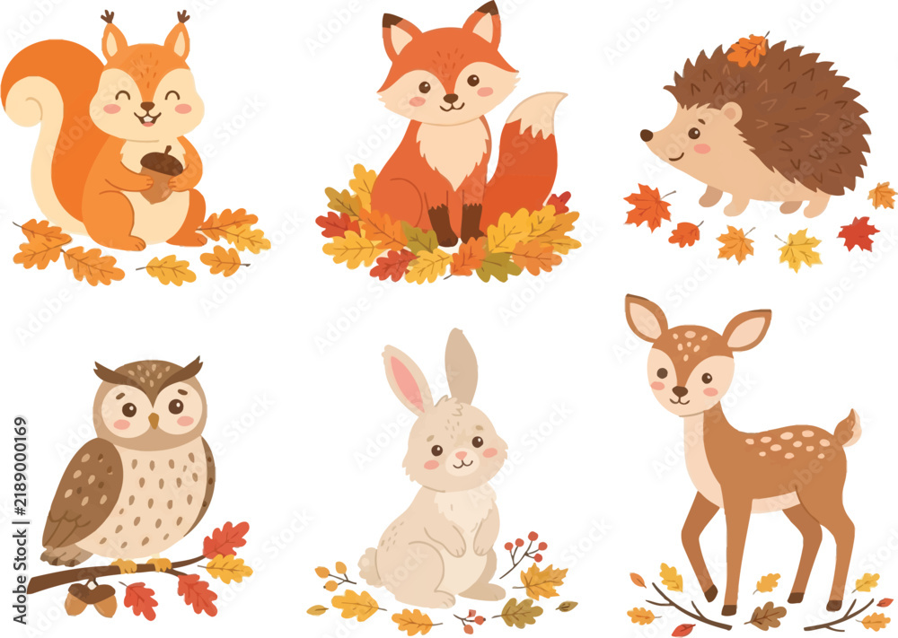 Fototapeta premium A collection of cute woodland animals including a squirrel fox hedgehog owl rabbit and deer in an autumn theme.