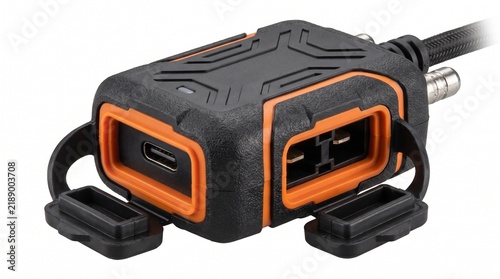 Rugged waterproof USB-C power adapter, heavy duty industrial charging port, orange and black durable electrical connector