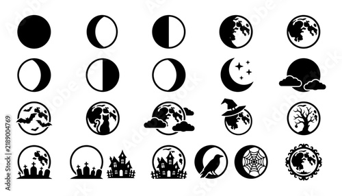 Moon Phases Icons Set, Halloween Elements Illustration, Spooky Night Design