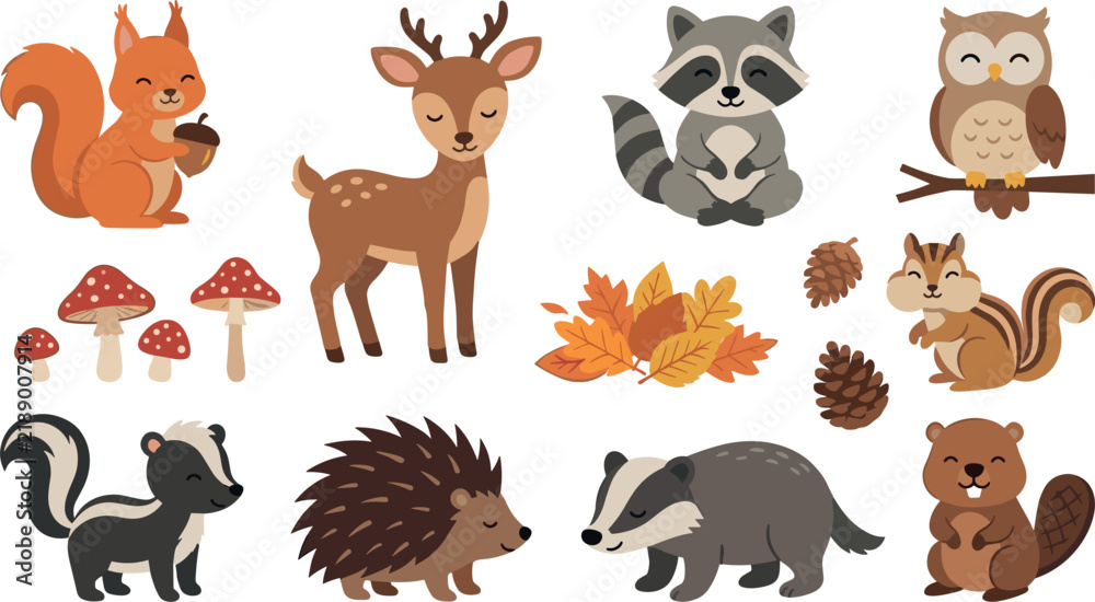 Obraz premium Cute Cartoon Woodland Animals Clipart Set with Forest Deer Squirrel Raccoon Owl Skunk Badger Hedgehog Beaver and Autumn Foliage Elements Vector Illustration