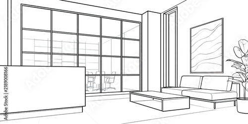 Modern office waiting area with large window, reception, seating, and artwork