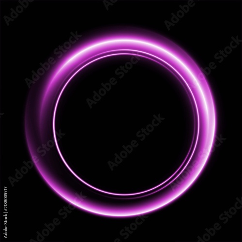 Abstract glowing purple neon circle frame with light trails isolated on a solid black background