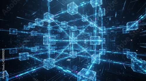 Obraz na płótnie Abstract blockchain network with glowing blue 3d cubes