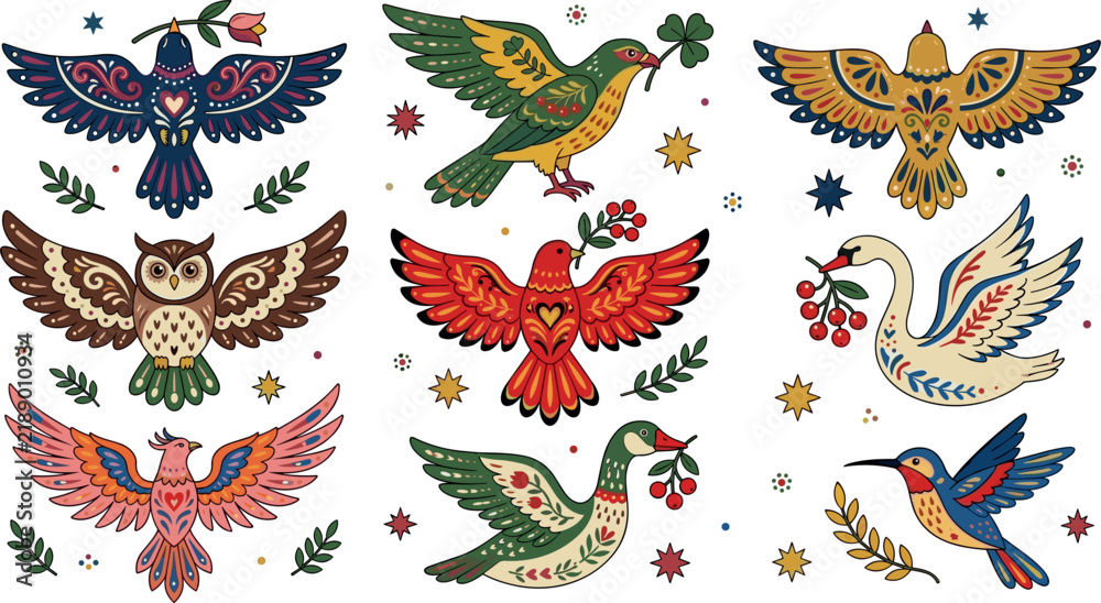 Obraz premium Folk Art Bird Icon Set with Decorative Floral Ornaments Owl Swan Eagle and Hummingbird Characters for Traditional Crafts Graphic Designs and Patterns Vector Illustration