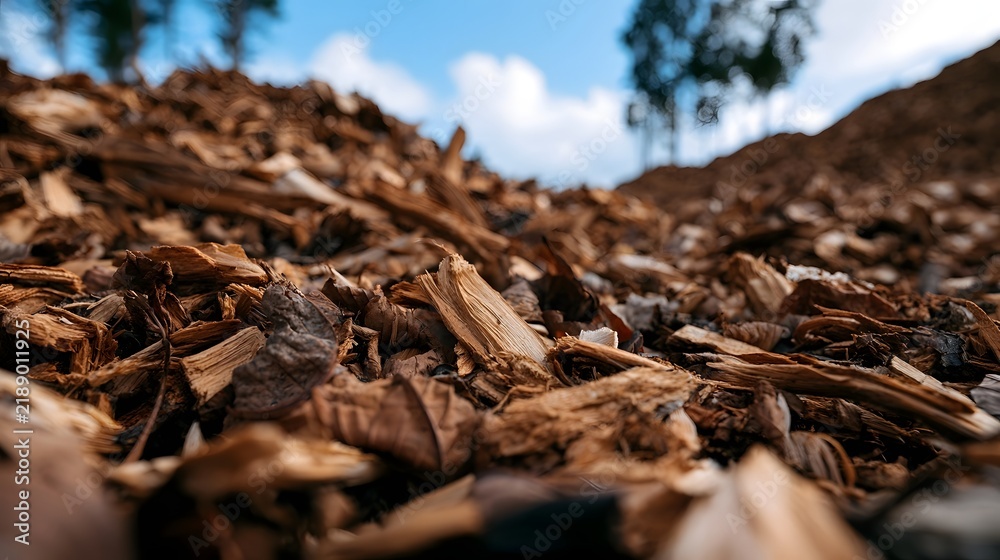 Fototapeta premium A close up view of wood chips piled under a clear blue sky with trees in the background showcasing natural textures and earthy tones