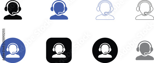 Customer service operator icons set with headset and microphone for call center.
