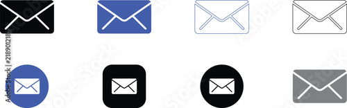 Email and message envelope icons in black blue and white colors for web design.