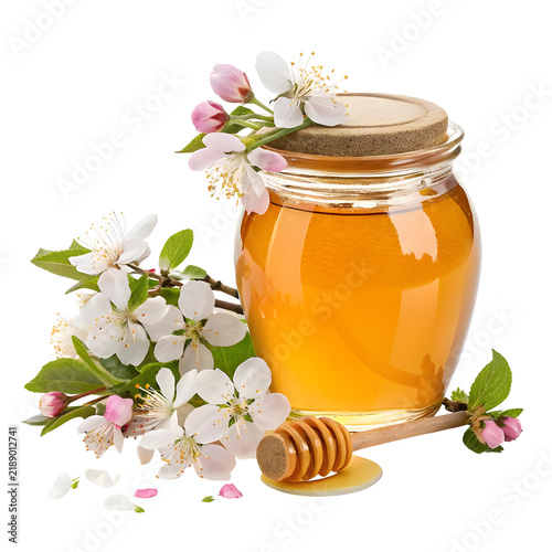 Golden honey in a glass jar with delicate blossoms and a wooden dipper during springtime