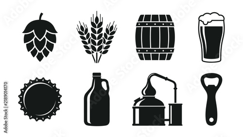 Craft Beer Brewery Icon Set, Pub Brewing Vector Symbols