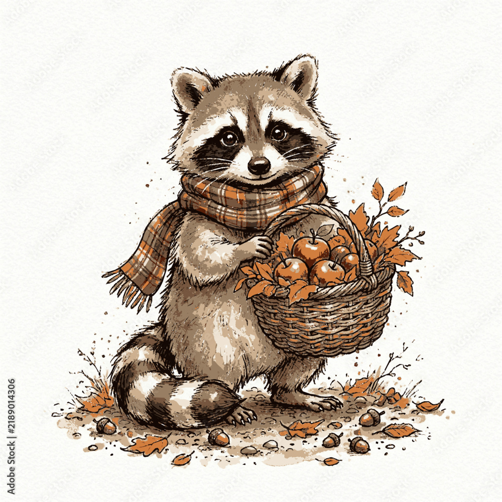 Obraz premium A cute raccoon wearing a plaid scarf holds a basket of apples in autumn leaves with cartoon illustration small holding wicker basket