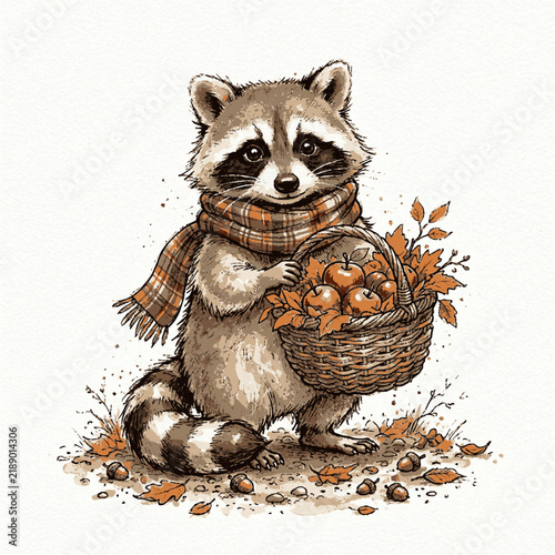 A cute raccoon wearing a plaid scarf holds a basket of apples in autumn leaves with cartoon illustration small holding wicker basket